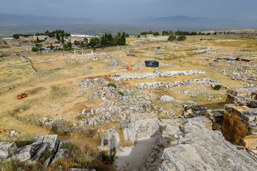 Top view of the excavation site in ruined ancient city of Hierapolis. The remains of destroyed...