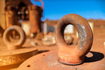 Damaging and old safety crane industry 24 tone of lifting lug, hook at construction site yard  
