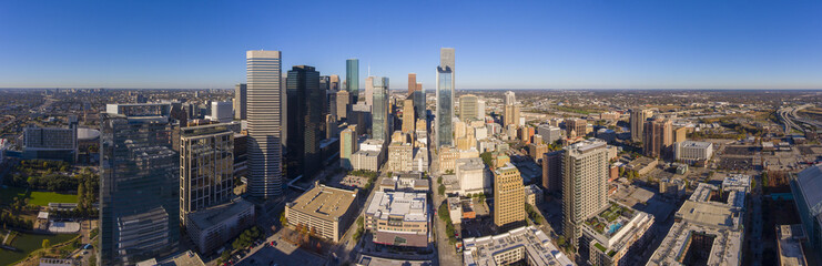 Houston modern city panorama aerial view including George Brown Convention Center, Marriott Marquis Houston and Minute Maid Park on Interstate Highway 69.