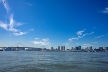 豊洲ぐるり公園から望むレインボーブリッジ方面の風景