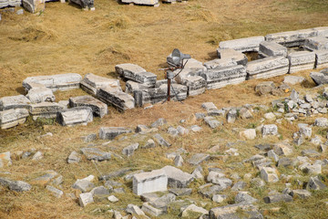 Top view of the excavation site in ruined ancient city of Hierapolis. The remains of destroyed...
