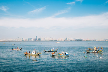 Fototapeta na wymiar Incheon cityscape and sea with fishing boats from Sihwa tide embankment in Korea