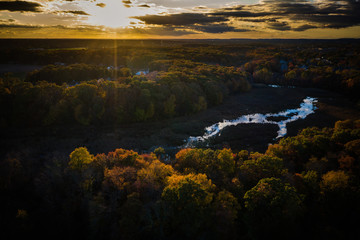 Aerial of Sunset with Fall Foliage