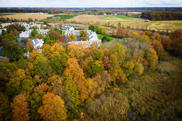 Aerial of Sunset with Fall Foliage