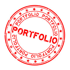 Grunge red portfolio word with star icon round rubber seal stamp on white background
