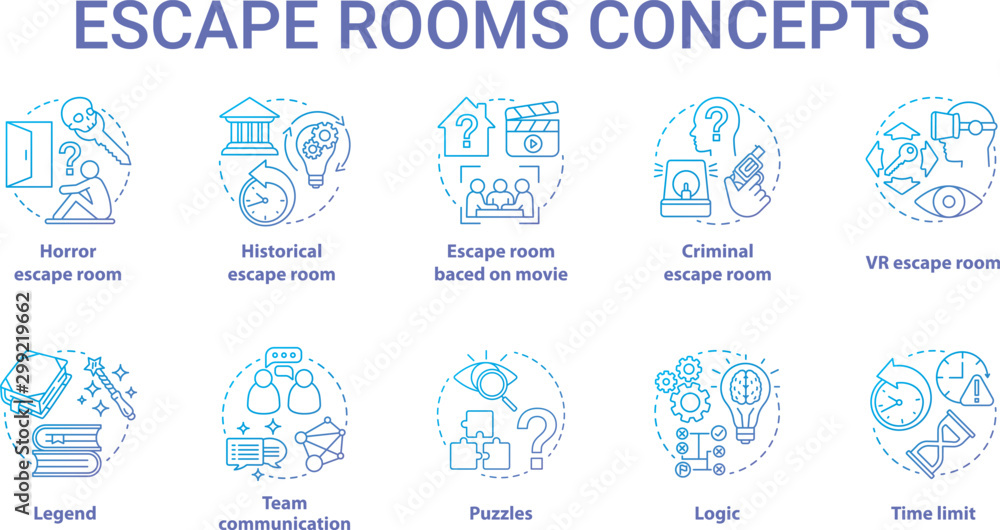 Poster escape room blue gradient concept icons set. quest types idea thin line illustration. strategy game 