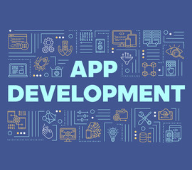App development word concepts banner. Computer programming language. Mobile software coding. Presentation, website. Isolated lettering typography idea with linear icons. Vector outline illustration