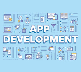 App development word concepts banner. Mobile software coding. Computer programming language. Presentation, website. Isolated lettering typography idea with linear icons. Vector outline illustration