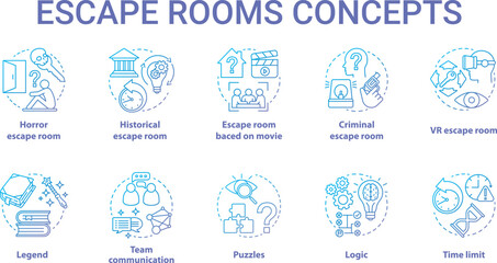 Escape room blue gradient concept icons set. Quest types idea thin line illustration. Strategy game collection. Puzzles and riddles solving pack. Vector isolated outline drawing