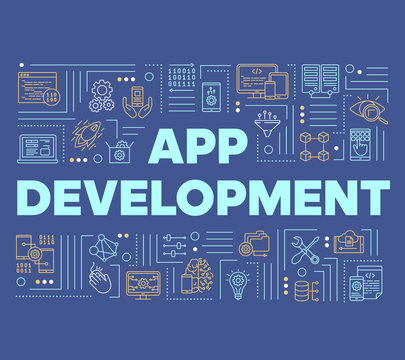 App development word concepts banner. Computer programming language. Mobile software coding. Presentation, website. Isolated lettering typography idea with linear icons. Vector outline illustration