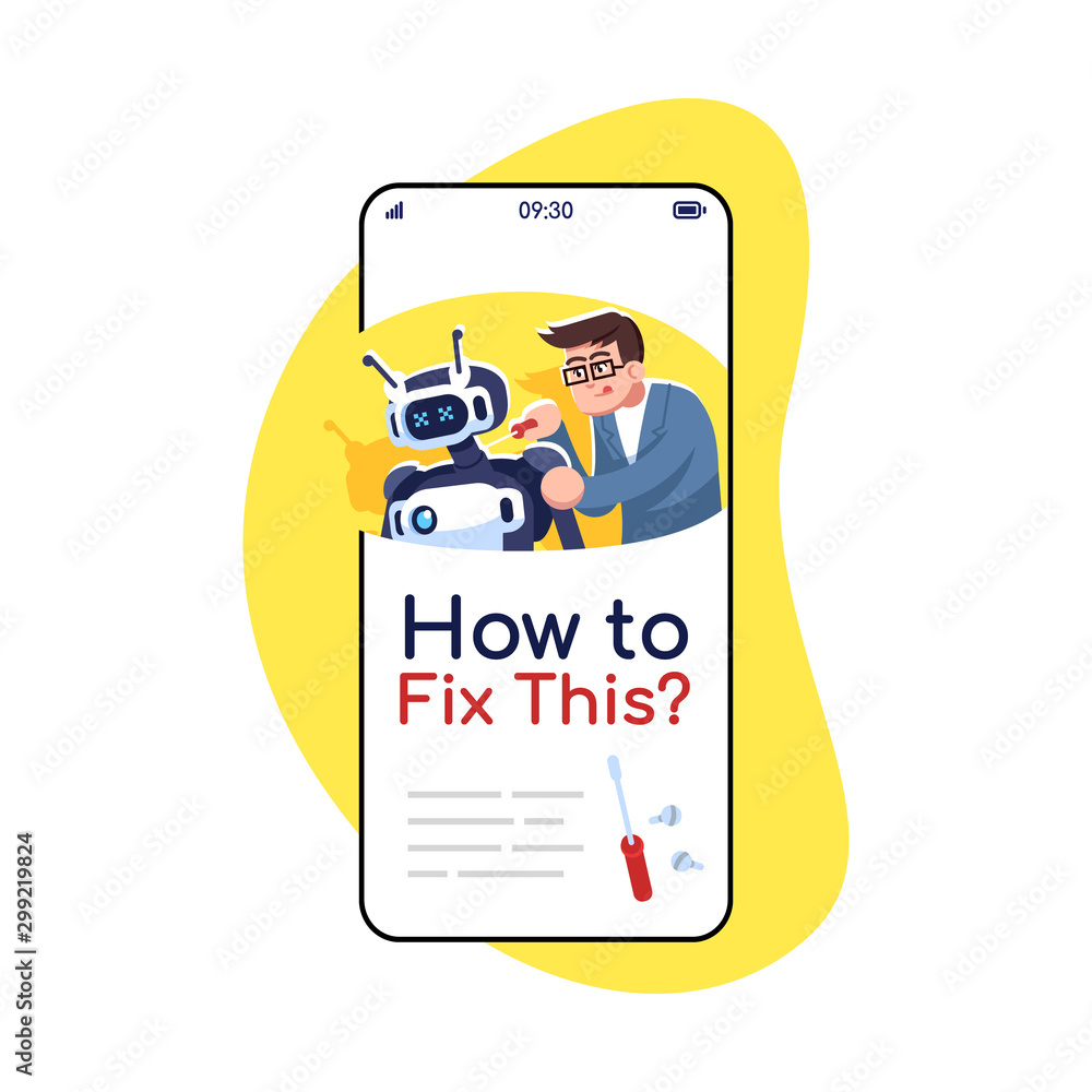 Poster how to fix this social media posts smartphone app screen. mobile phone display with cartoon characte