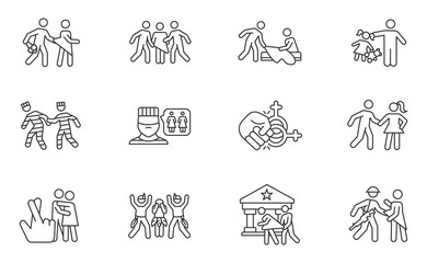 Different rape types linear icons set. Date, statutory, children, spousal rape. Abuse in prison. Sexual harassment. Thin line contour symbols. Isolated vector outline illustrations. Editable stroke