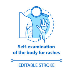 Body self-examination concept icon. Rash, eczema symptoms, signs. Inflammation on skin. Safe sex. Dermatology idea idea thin line illustration. Vector isolated outline drawing. Editable stroke