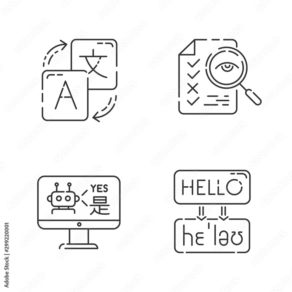 Sticker machine translation services linear icons set. online translation. multilingual chatbot. transcripti