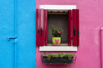 Fototapeta na wymiar Windows of Venice, Murano and Burano. Picturesque windows with shutters on the famous island Burano. Decorated window on colorful wall in Burano island, Venice, Italy