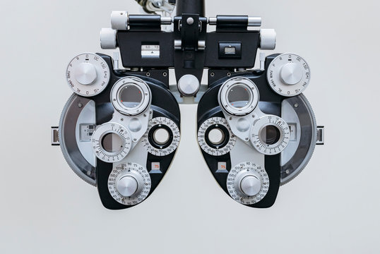 phoropter close up view of ophthalmology, optometry, and optician clinical testing machine equipment