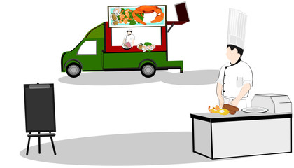 A festival food Truck with Chef, Celebration, food shop, cartoon, illustration Food business concept Or food service, hotel services 