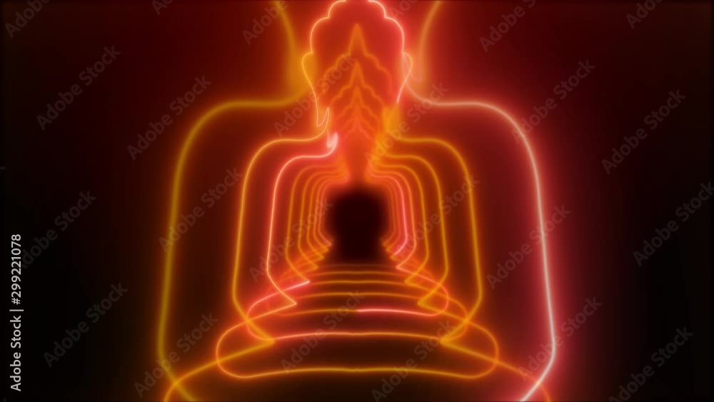 Poster infinite buddha tunnel silhouette lines with neon glow and light animation seamless loop