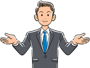 両手を広げる若いビジネスマンの上半身