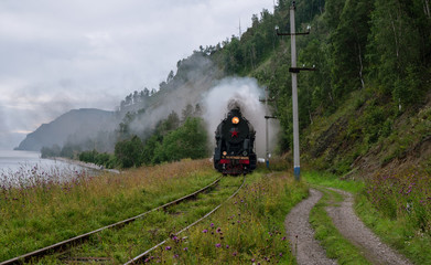Old steam locomotive on Circum-Baikal railroad