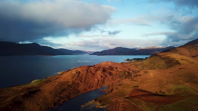 aerial footage of loch linnhe shot from duror on the west coast of scotland in the argyll region of the highlands of scotland showing corran ferry straight and shuna and lismore islands