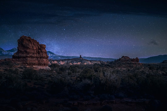 A star filled night at Arches National Park in Moab, Utah, USA.