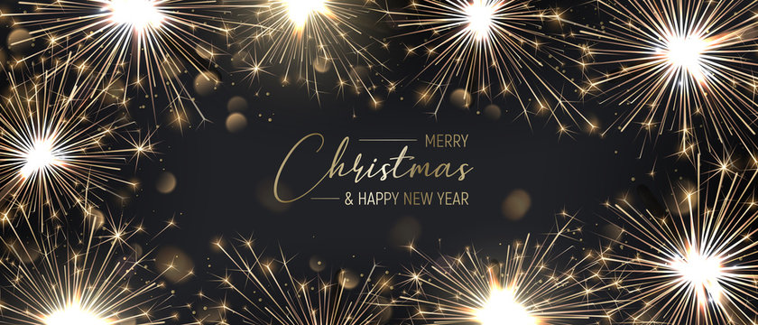 Merry Christmas background with golden sparklers. Happy New year poster with bengal lights. Realistic vector.
