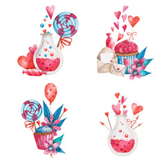 Hand drawn Valentine’s day illustration. Watercolor romantic composition: sweets, heart shaped candy , love letters, Cupid's arrows, love potion, lollipops. Decorative elements for declaration of love