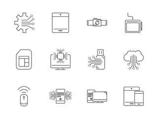 digital tech circuit board icons set line