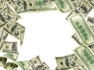 Money stack. Hundred dollars of America. Falling money isolated, us bill.