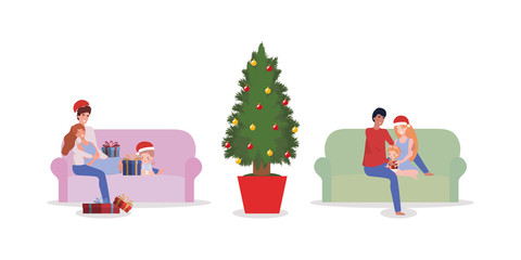 family members with pine tree christmas celebration