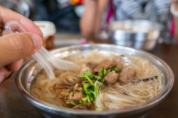 Taiwan snack of thin noodles with pork intestine