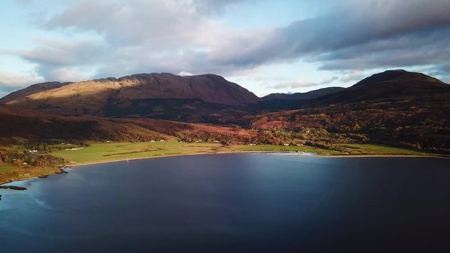 aerial footage of loch linnhe shot from duror on the west coast of scotland in the argyll region of the highlands of scotland showing corran ferry straight and shuna and lismore islands