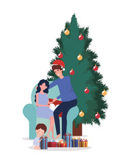 family members with pine tree christmas celebration