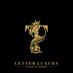 Initial letter T luxury beauty flourishes ornament with crown logo template.