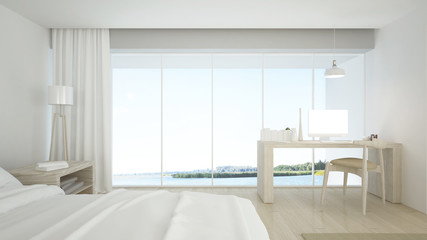 Bedroom space interior minimal and wall decoration empty inand nature view background	 3D rendering