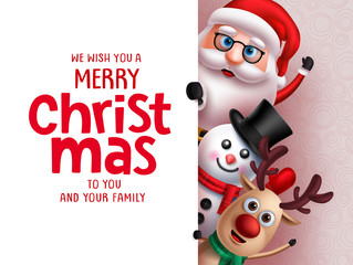 Christmas santa vector greeting template. Santa claus, snow man and reindeer characters holding merry christmas greeting text in white board for holiday season in 3d realistic design. 