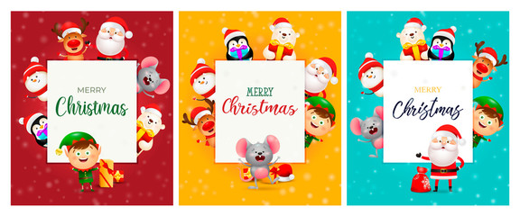Merry Christmas red, yellow, blue banner set with animals