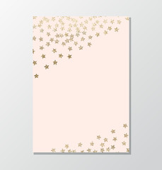 Minimalist invitation card with gold glitter stars in corner on pastel pink background.