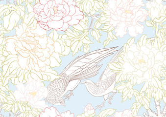 Peony tree branch with flowers with pheasants in the style of Chinese painting on silk. Seamless pattern, background. Vector illustration. Outline hand drawing. On sky blue background..