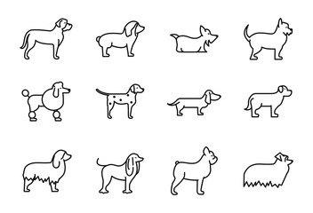 set of dogs breed standing icons linear style