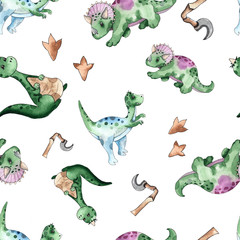 Watercolor and graphic dinosaurs seamless patterns withTriceratops, Brachiosaurus, Stegosaurus, Pteranodon, Hypacrosaurus, Tyrannosaurus on white and colored background