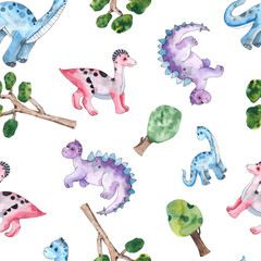 Watercolor and graphic dinosaurs seamless patterns withTriceratops, Brachiosaurus, Stegosaurus, Pteranodon, Hypacrosaurus, Tyrannosaurus on white and colored background © Анна Егорова