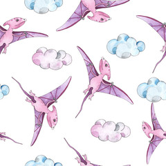 Watercolor and graphic dinosaurs seamless patterns withTriceratops, Brachiosaurus, Stegosaurus, Pteranodon, Hypacrosaurus, Tyrannosaurus on white and colored background © Анна Егорова