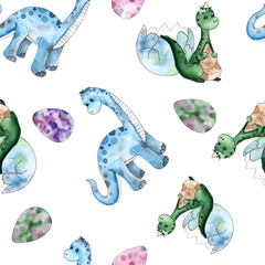 Watercolor and graphic dinosaurs seamless patterns withTriceratops, Brachiosaurus, Stegosaurus, Pteranodon, Hypacrosaurus, Tyrannosaurus on white and colored background © Анна Егорова