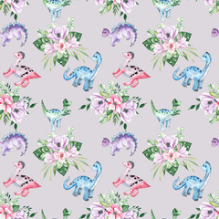 Watercolor and graphic dinosaurs seamless patterns withTriceratops, Brachiosaurus, Stegosaurus, Pteranodon, Hypacrosaurus, Tyrannosaurus on white and colored background © Анна Егорова