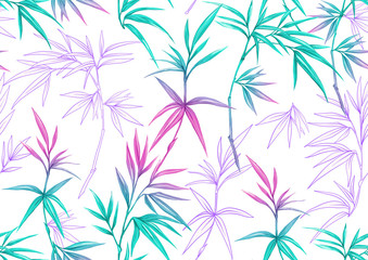 Tropical plants and flowers. Seamless pattern, background. Colored and outline design. Vector illustration in neon, fluorescent colors. Isolated on white background..
