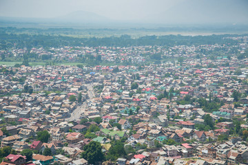 Srinagar city view with lake and mountain form Durrani Fort, Hari Parbat. Srinagar, India