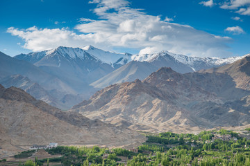 View of Leh nature landscape, the capital of Ladakh, Northern India. Leh city is located in the Indian Himalayas at an altitude of 3500 meters.