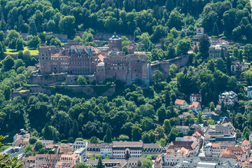 Fototapeta premium Panoramic aerial view of Heidelberg and ruins of Heidelberg Castle (Heidelberger Schloss) in a beautiful summer day, Germany